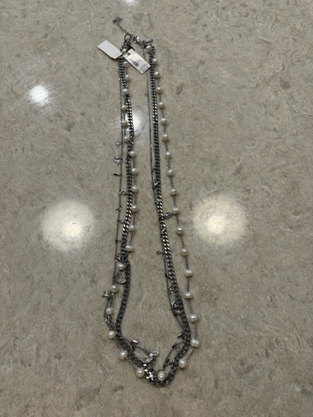 White House Black Market Silver and White Multi-Strand Pearl & Chain Necklace